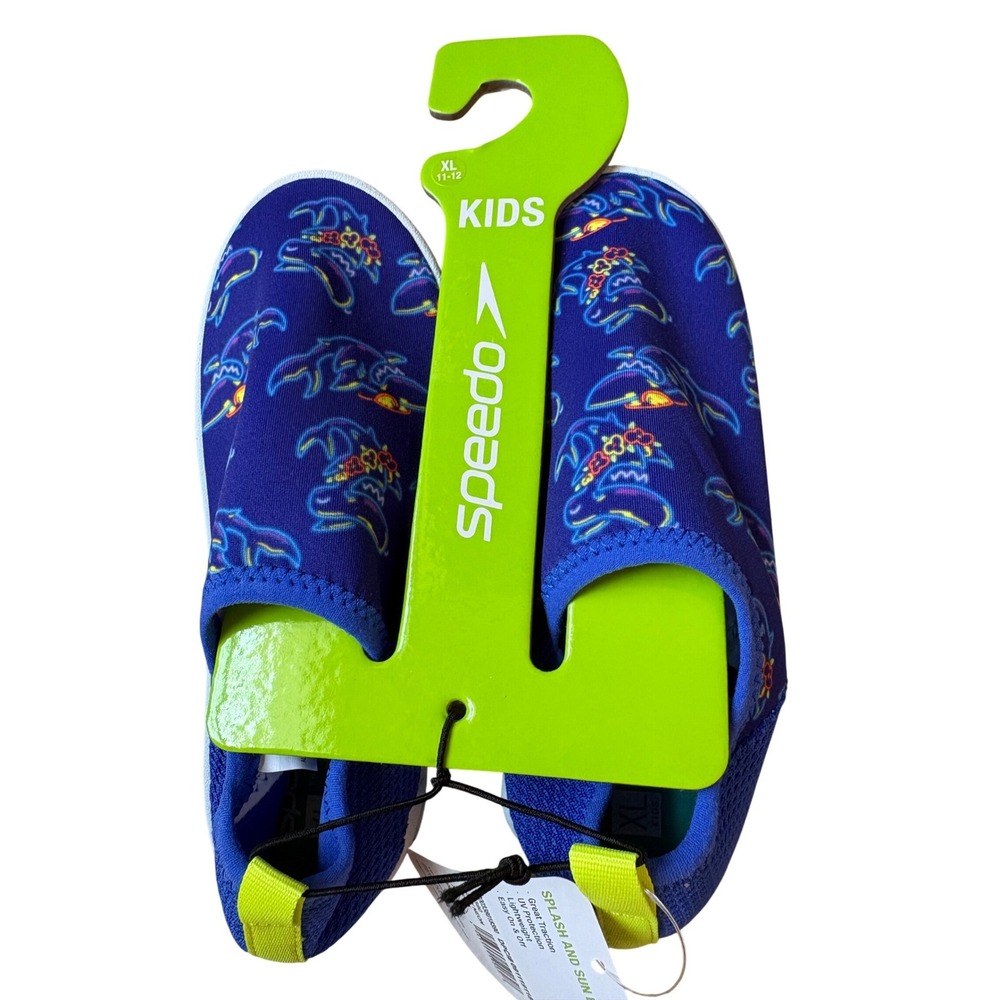 Speedo Splash and Sun Bootie Kids XL 11-12 Navy Neon Shark Water Shoes NEW